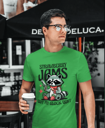 "Strawberry Jams, Glock Don't" - Hilarious Raccoon Graphic T-Shirt - StyleSavvy.xyz