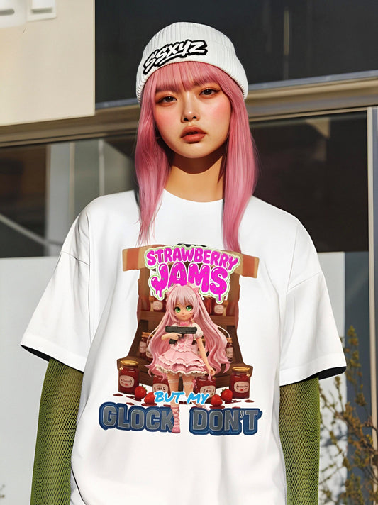 Anime-style girl with pink hair and a frilly pink dress holds a black Glock pistol in front of a market stall with jars labeled "Jam." Above her is the text "STRAWBERRY JAMS" in a dripping red font, and below is "BUT MY GLOCK DON'T" in a contrasting blue and white outlined font.