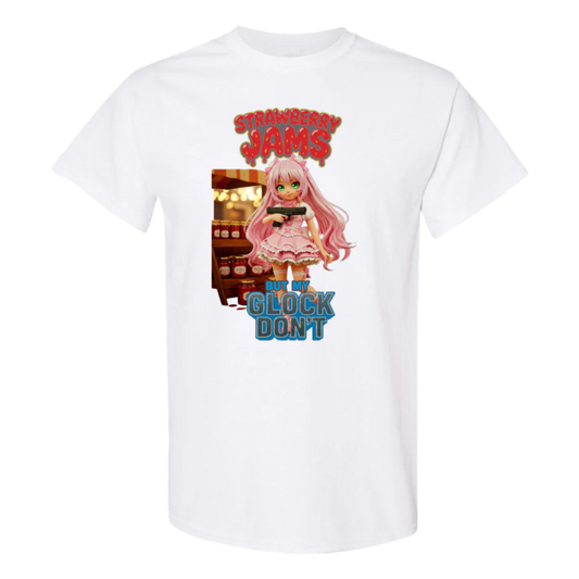 Anime-style girl with pink hair and a frilly pink dress holds a black Glock pistol in front of a market stall with jars labeled "Jam." Above her is the text "STRAWBERRY JAMS" in a dripping red font, and below is "BUT MY GLOCK DON'T" in a contrasting blue and white outlined font.