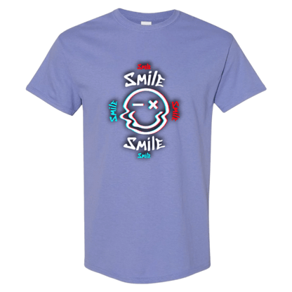Glitch Smiley Face T-Shirt - Light Blue, Red, and White - StyleSavvy.xyz