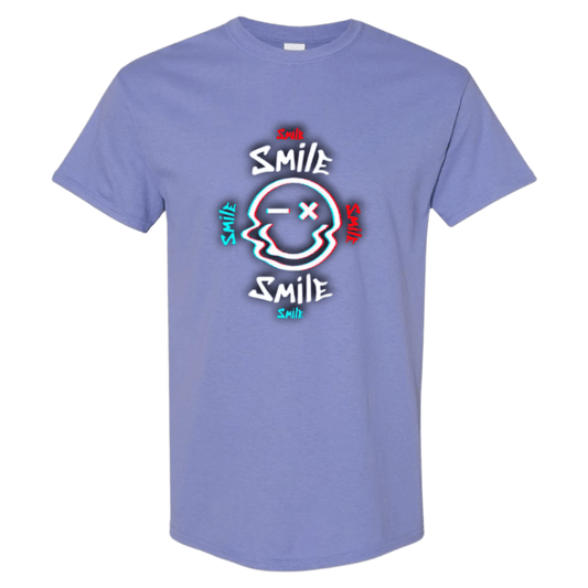 Glitch Smiley Face T-Shirt - Light Blue, Red, and White - StyleSavvy.xyz