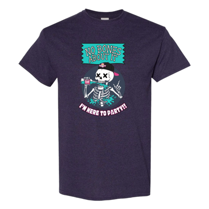 A white t-shirt displays a circular graphic with a dark blue background. Inside, a white skeleton wearing sunglasses and a backwards black and pink baseball cap is drinking a bright blue beverage with pink details from a can. Blue liquid splashes around the skeleton, and it's giving a "rock on" hand gesture. Above the skeleton is the text "NO BONES ABOUT IT" in a teal, banner-like shape, and below is "I'M HERE TO PARTY!!" in a curved, pink, graffiti-style font.