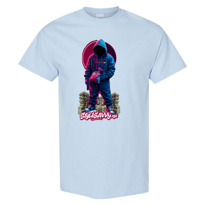 A stylized graphic t-shirt design showcasing a hooded individual standing among towering stacks of United States dollar bills, illuminated by a vibrant neon pink and blue backdrop, with "StyleSavvy.xyz" displayed at the base.