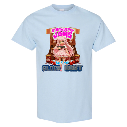 Anime-style girl with pink hair and a frilly pink dress holds a black Glock pistol in front of a market stall with jars labeled "Jam." Above her is the text "STRAWBERRY JAMS" in a dripping red font, and below is "BUT MY GLOCK DON'T" in a contrasting blue and white outlined font.