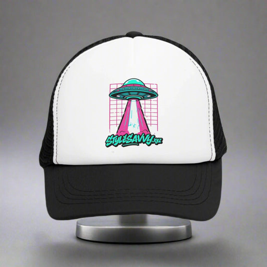 Retro Sci - Fi "Beam Me Up, Savvy" Flying Saucer Mesh Cap - StyleSavvy.xyz