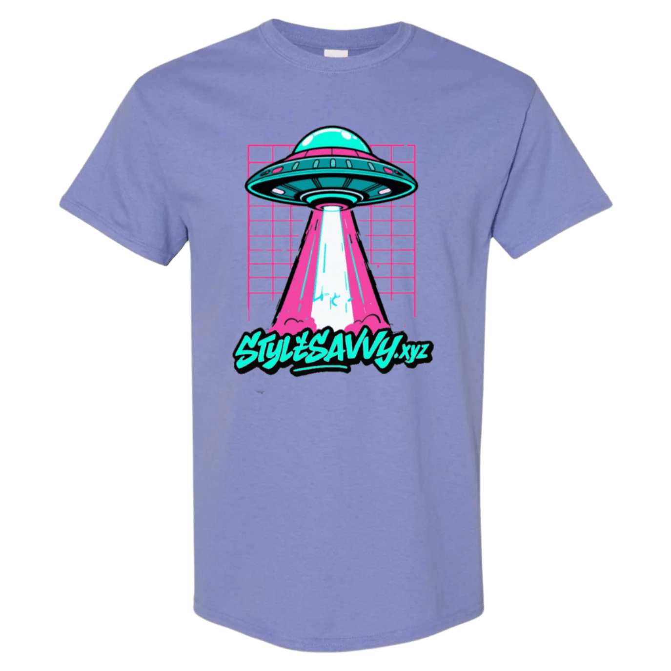 A vibrant Violet t-shirt featuring a retro-style illustration of a flying saucer with a bright pink and teal beam extending downwards towards the "Stylesavvy" logo in a stylized script font.