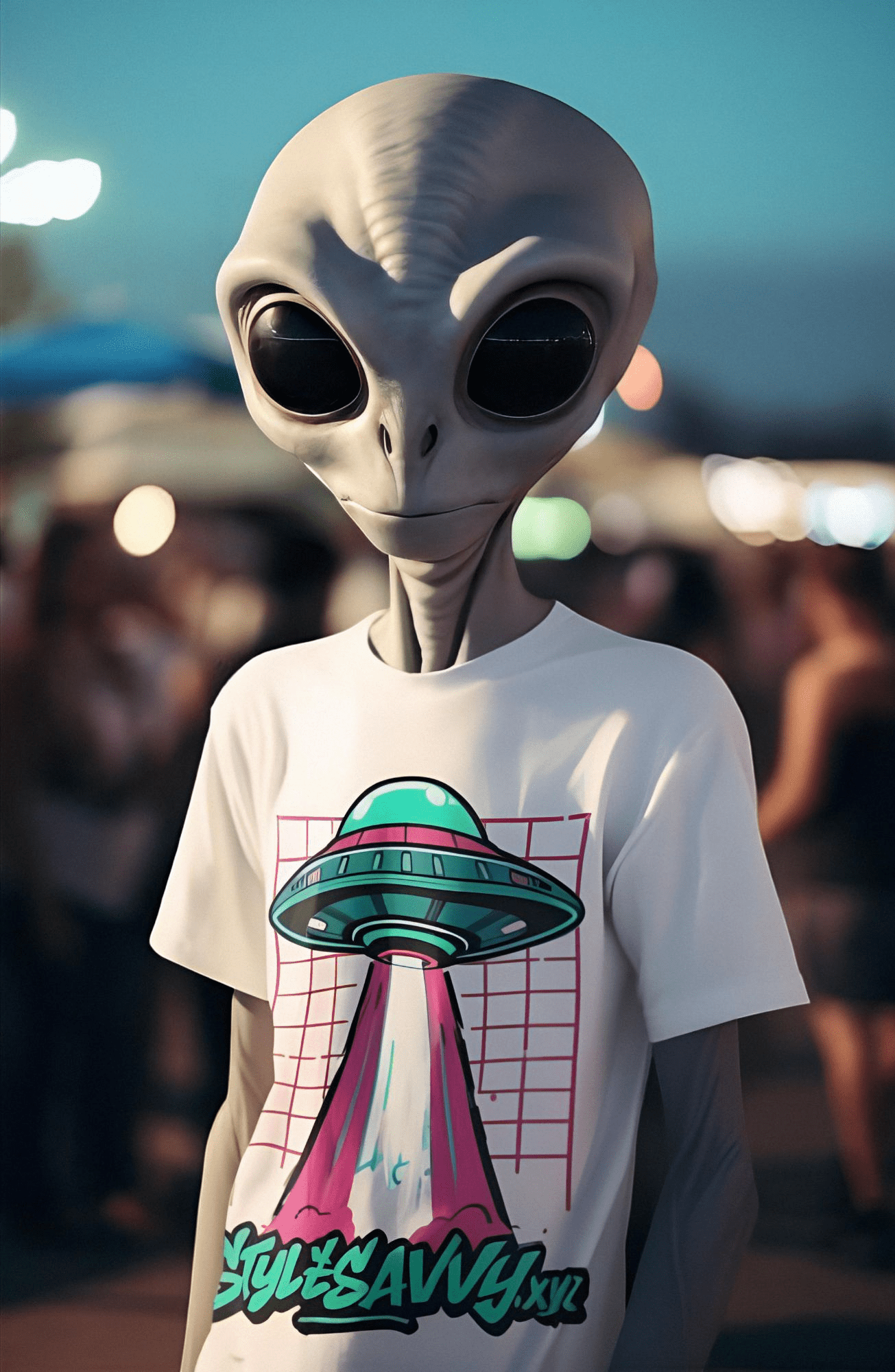 A vibrant t-shirt featuring a retro-style illustration of a flying saucer with a bright pink and teal beam extending downwards towards the "Stylesavvy" logo in a stylized script font.