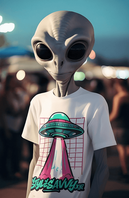 A vibrant t-shirt featuring a retro-style illustration of a flying saucer with a bright pink and teal beam extending downwards towards the "Stylesavvy" logo in a stylized script font.
